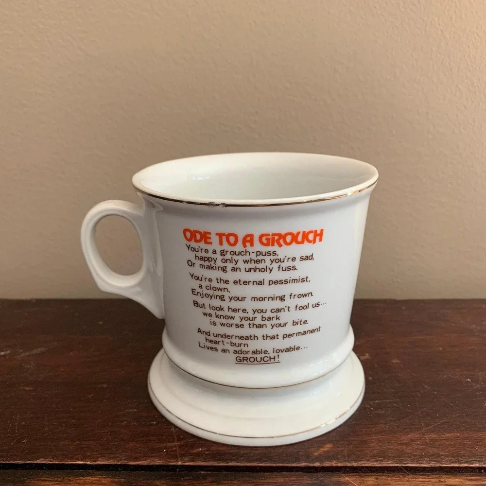 Vintage Ode to a Grouch gold accent poem men's vanity shaving cup mug & brush‎